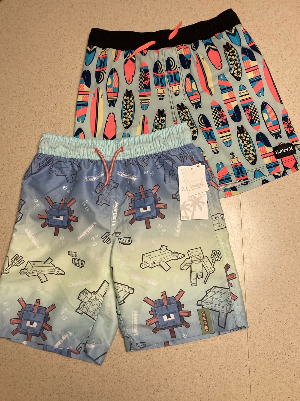 Two (2) NEW Boys Swim Trunks - Medium Size 8 - Minecraft and Surfboards